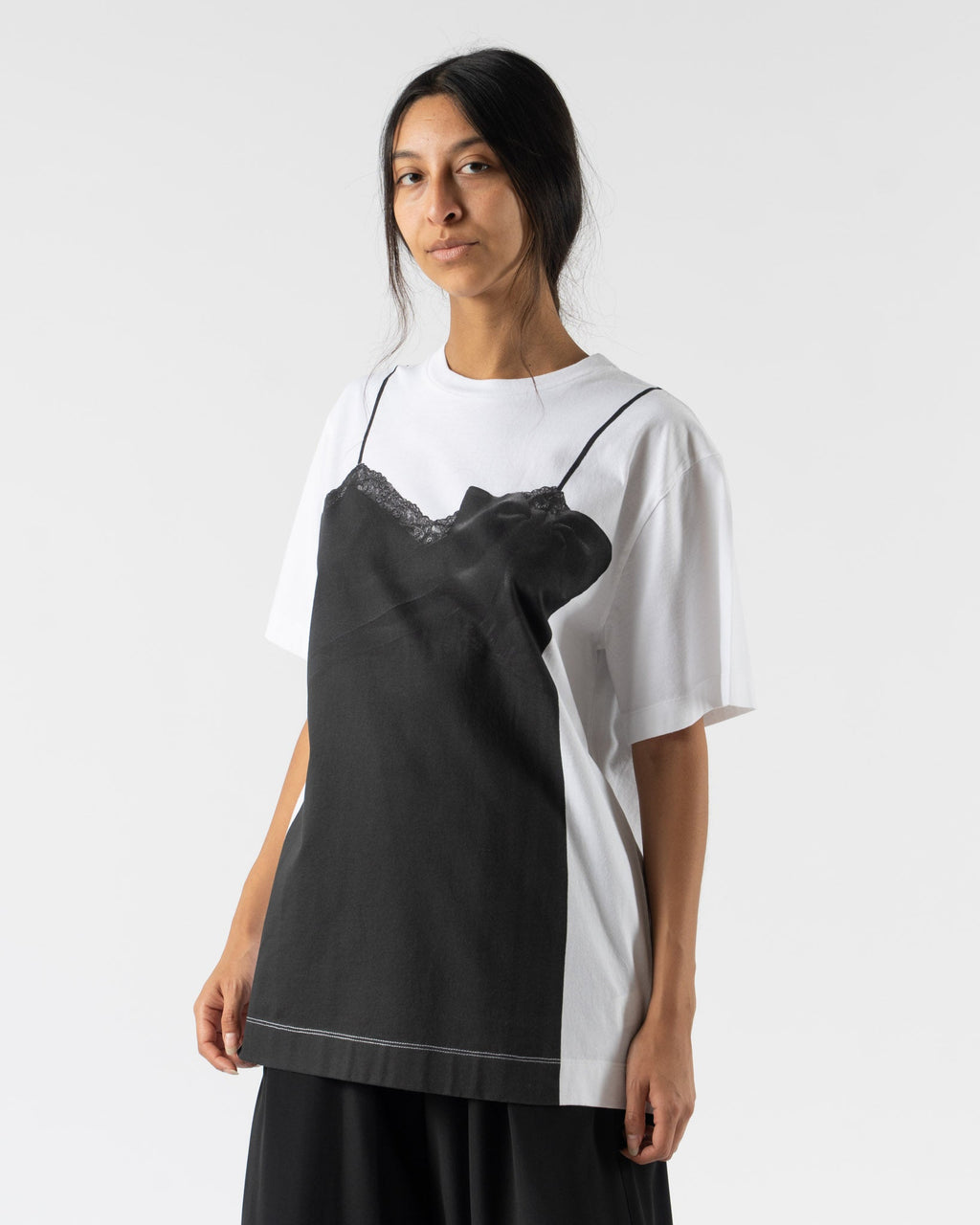 Simone Rocha Bow Sash Slip Dress Trompe L'Oeil Print T-Shirt in White/Black