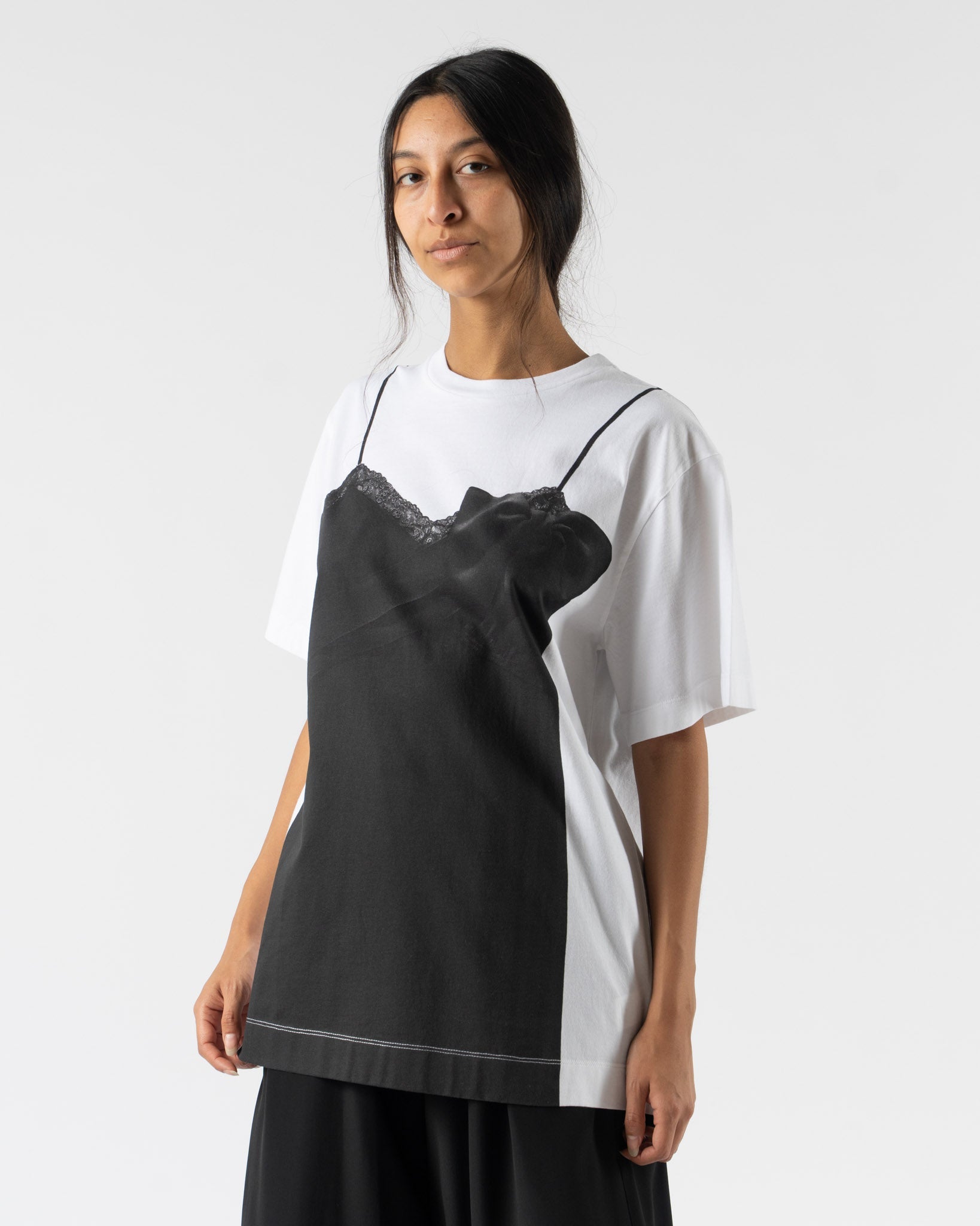 Simone Rocha Bow Sash Slip Dress Trompe L'Oeil Print T-Shirt in White/Black