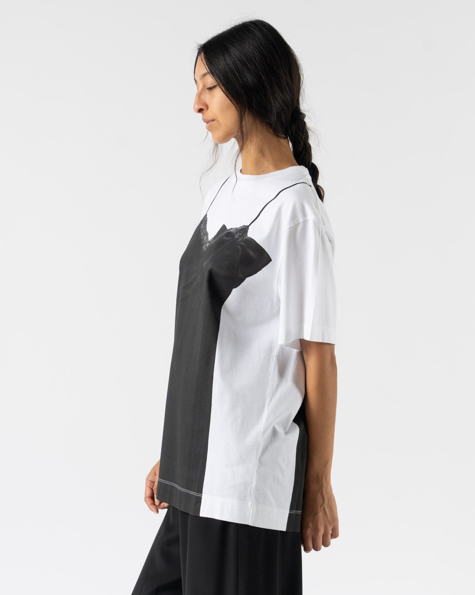 Simone Rocha Bow Sash Slip Dress Trompe L'Oeil Print T-Shirt in White/Black