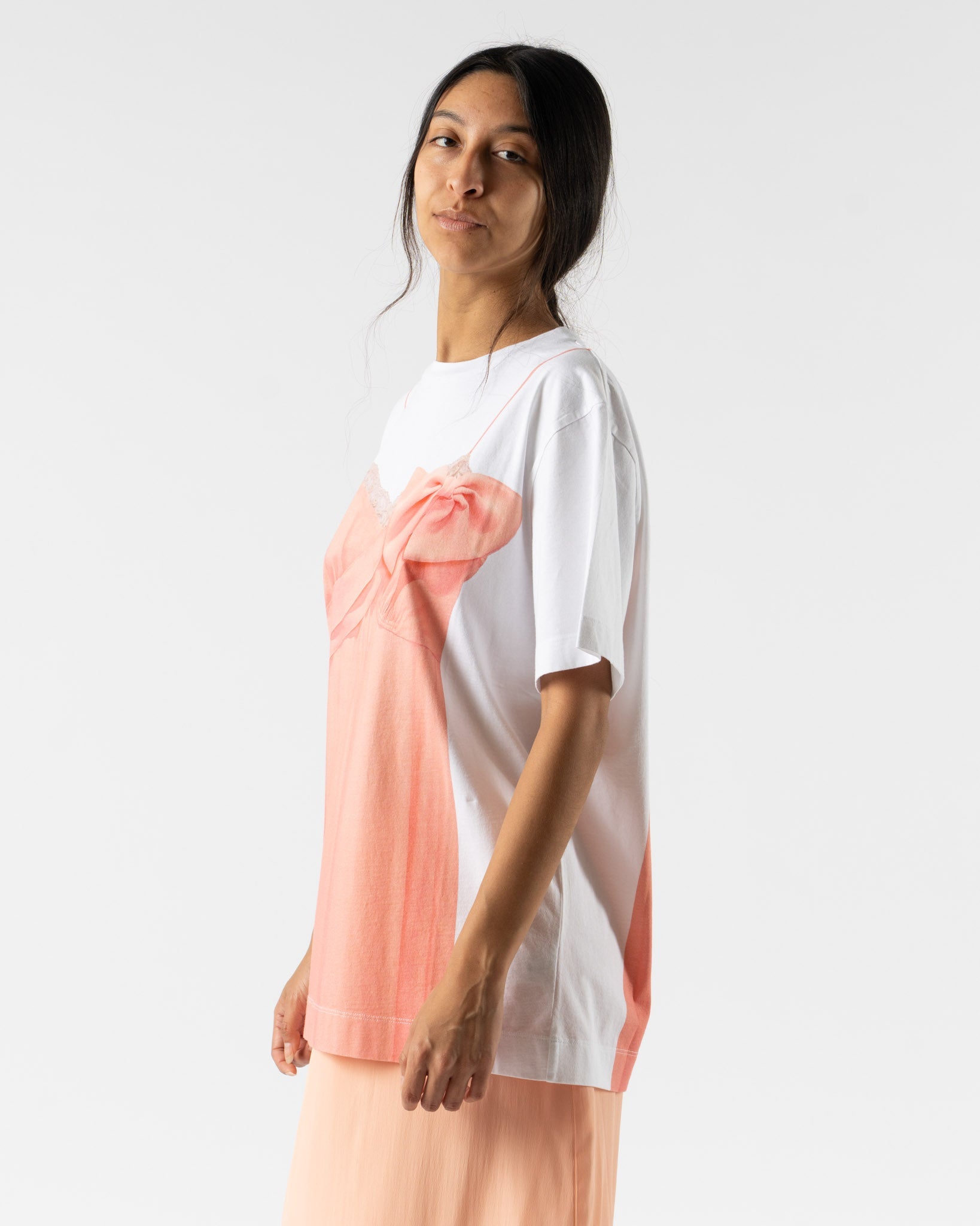 Simone Rocha Bow Sash Slip Dress Trompe L'Oeil Print T-Shirt in White/Clementine