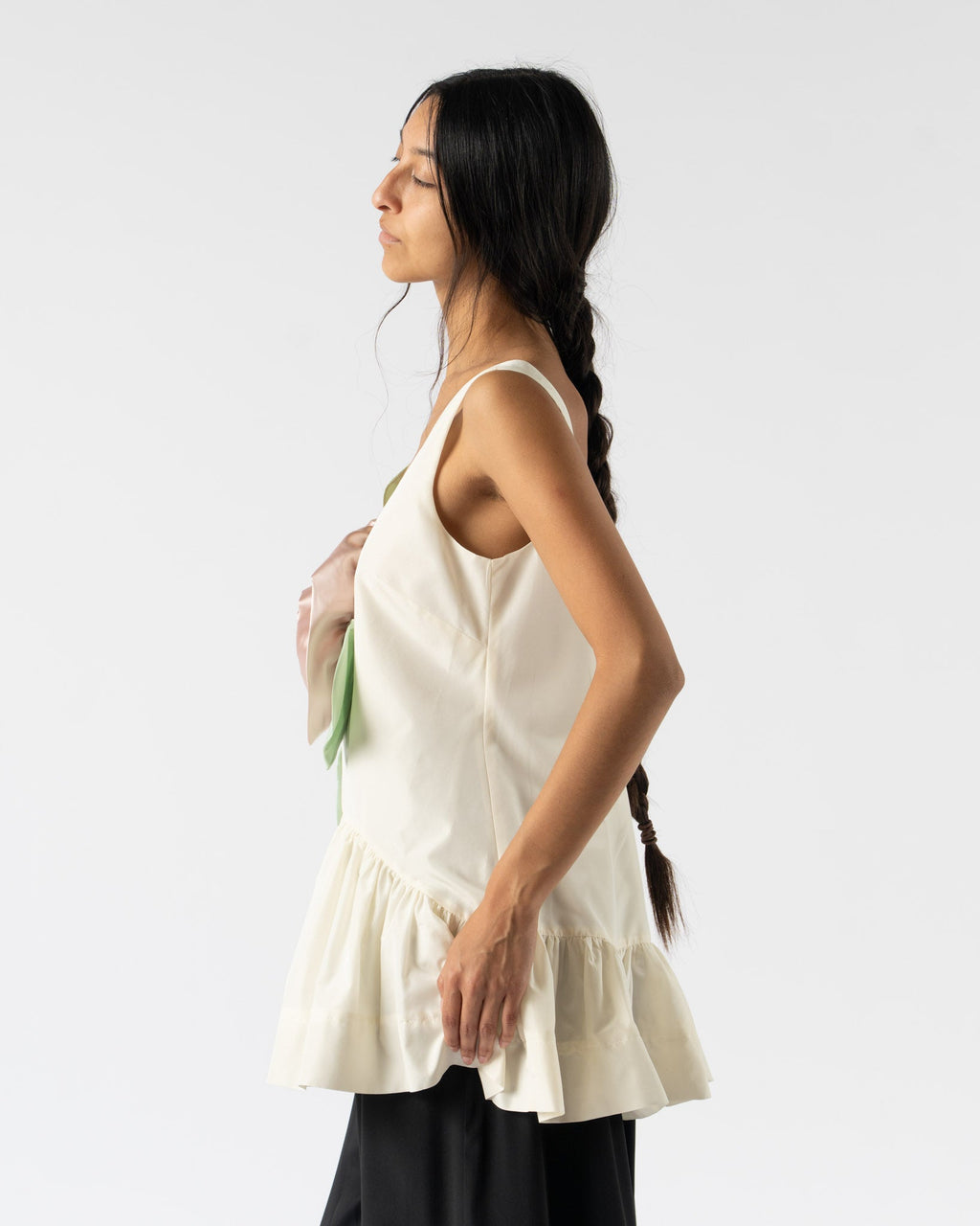 Simone Rocha Pressed Rosette Tilted Neck Peplum Top in Cream/Multi
