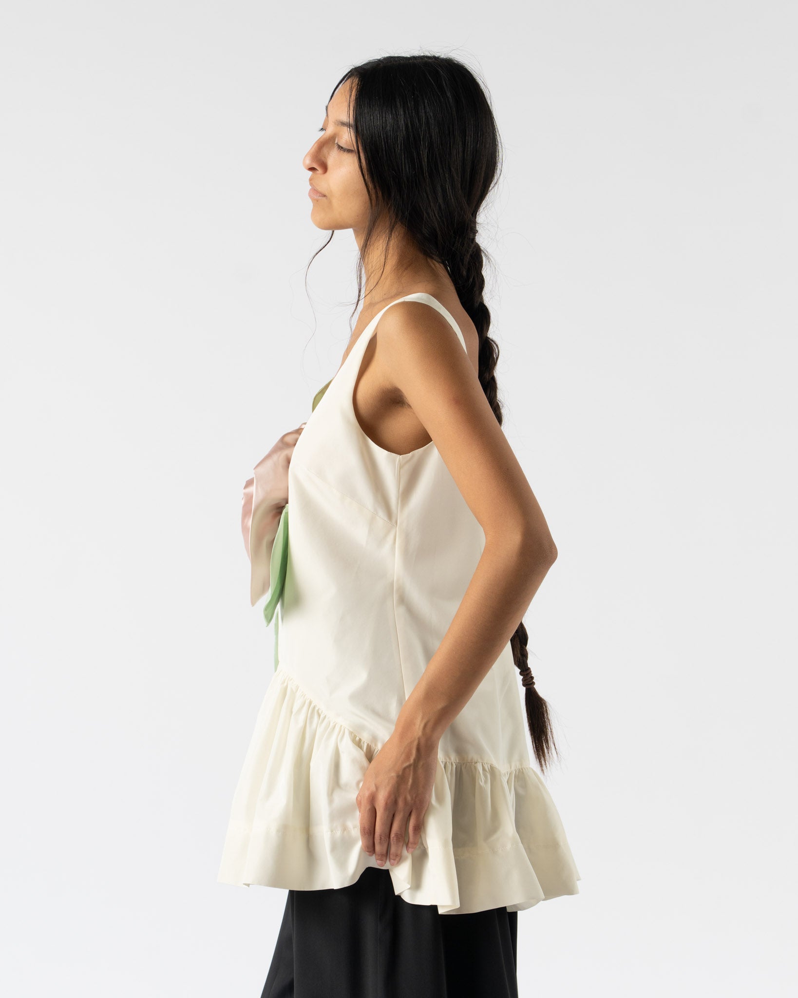 Simone Rocha Pressed Rosette Tilted Neck Peplum Top in Cream/Multi