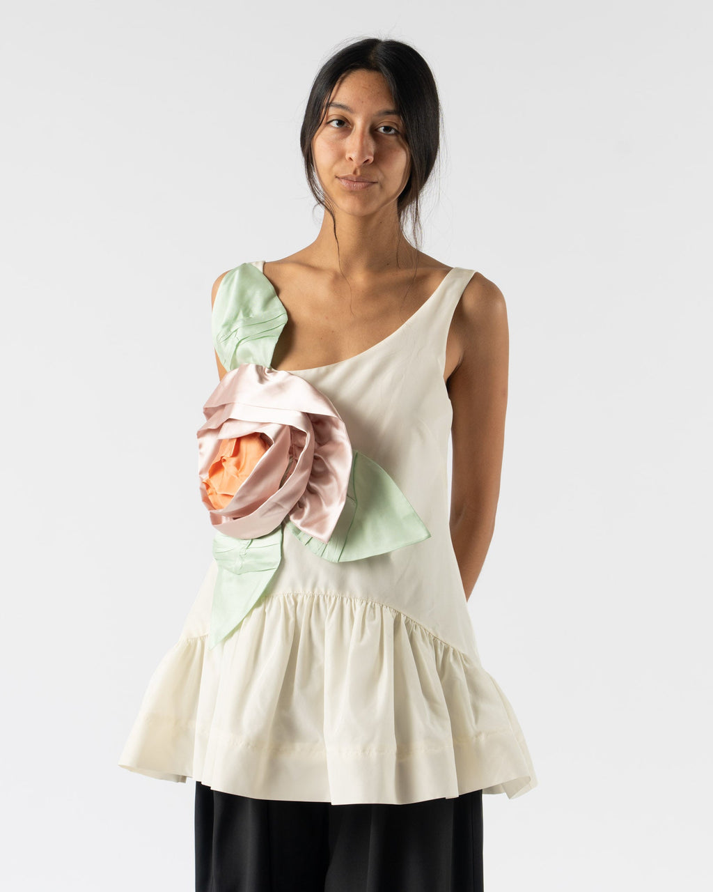 Simone Rocha Pressed Rosette Tilted Neck Peplum Top in Cream/Multi