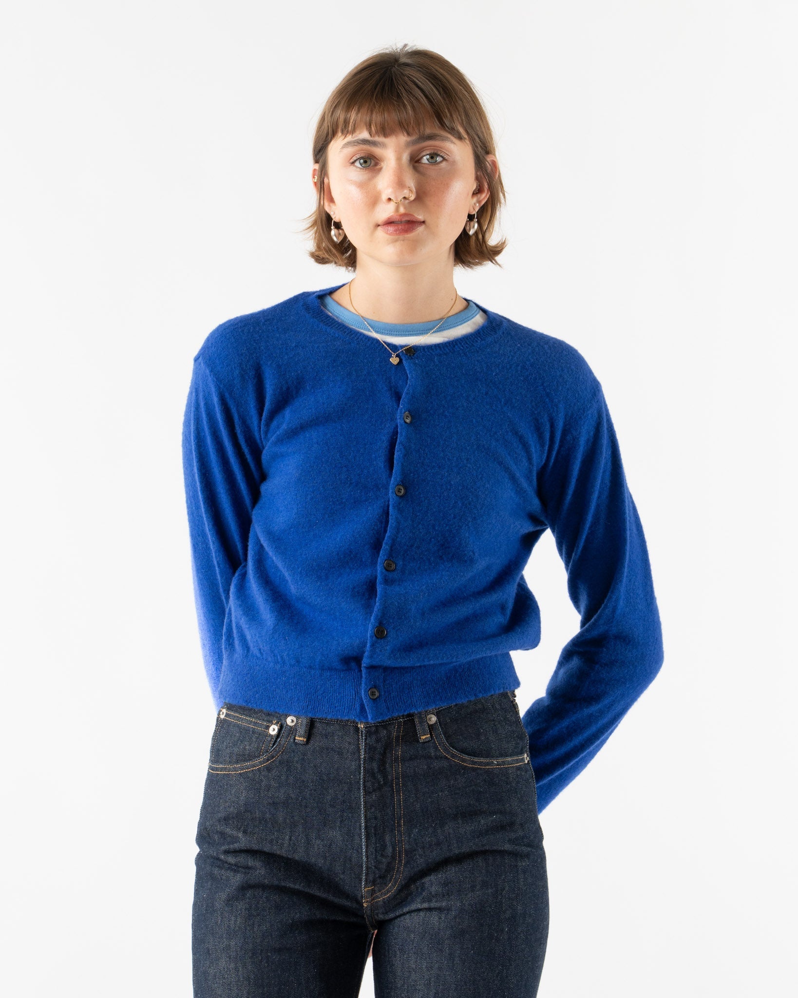 Auralee Brushed Cashmere Cotton Knit Cardigan in Royal Blue