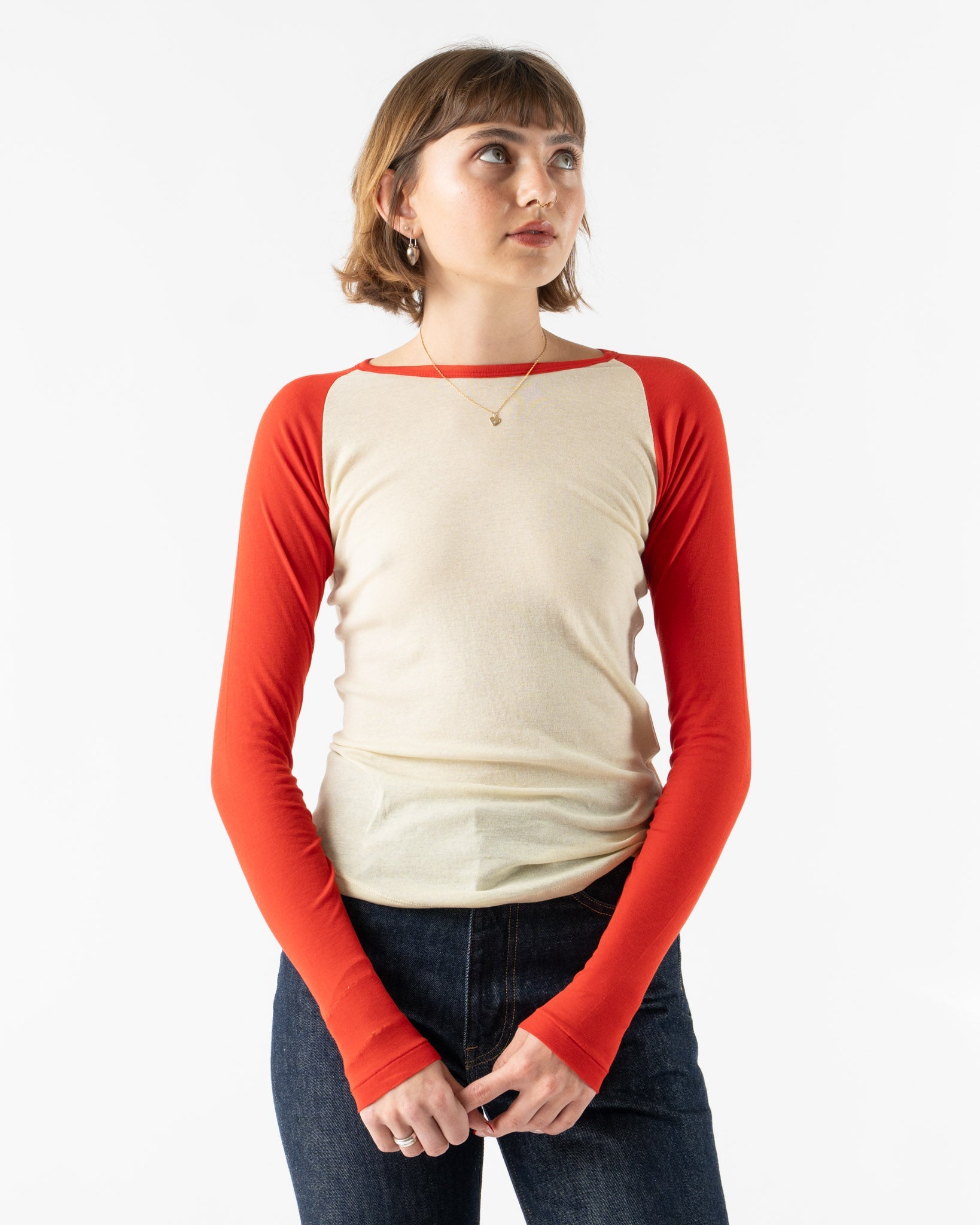Auralee Super High Gauge Sheer Rib Raglan Pullover in Ivory x Red