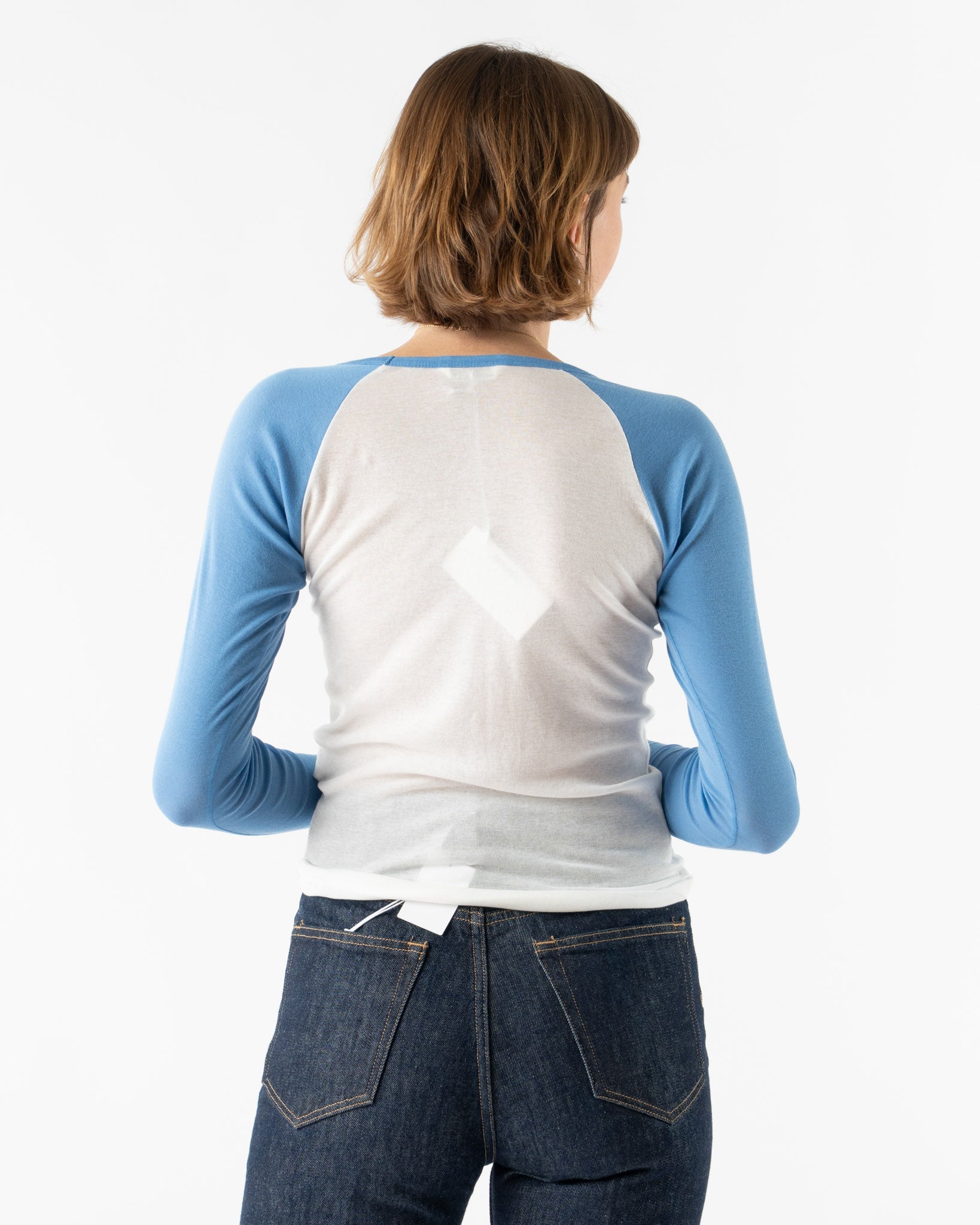 Auralee Super High Gauge Sheer Rib Raglan Pullover in White x Blue