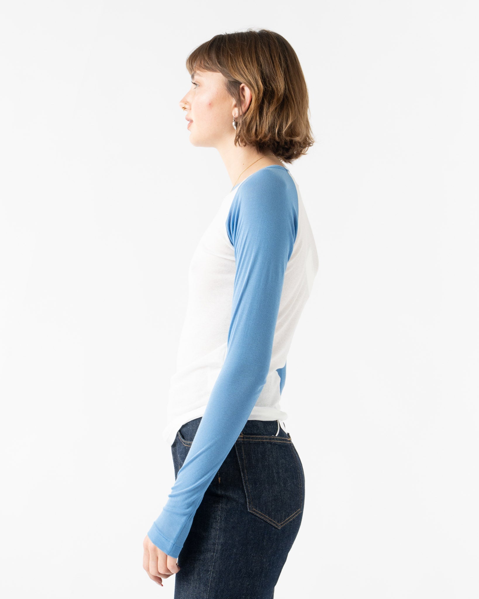 Auralee Super High Gauge Sheer Rib Raglan Pullover in White x Blue