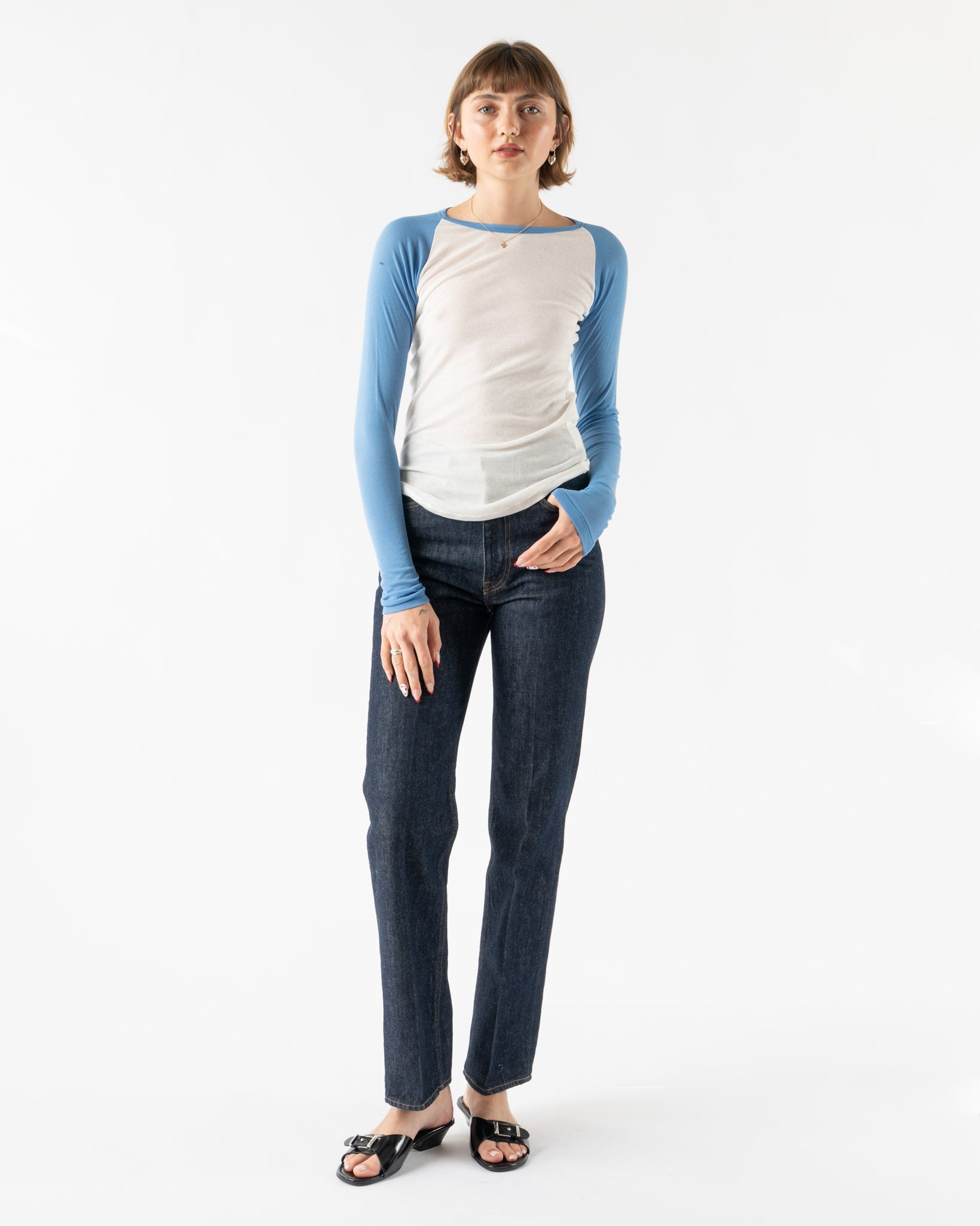 Auralee Super High Gauge Sheer Rib Raglan Pullover in White x Blue