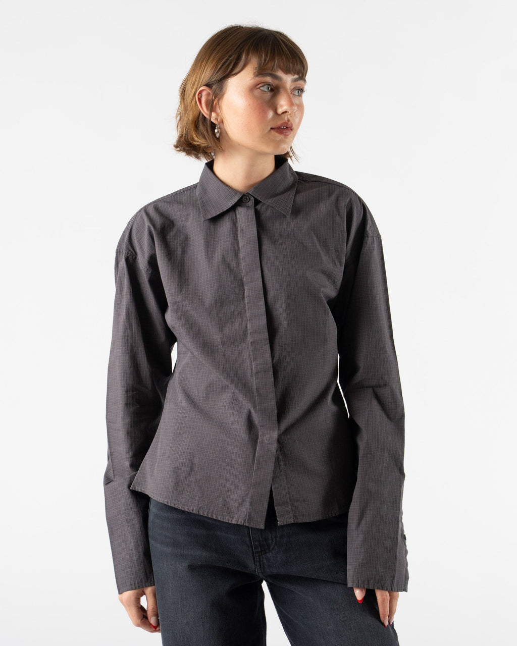 mfpen Software Shirt in Mushroom Micro Check Poplin