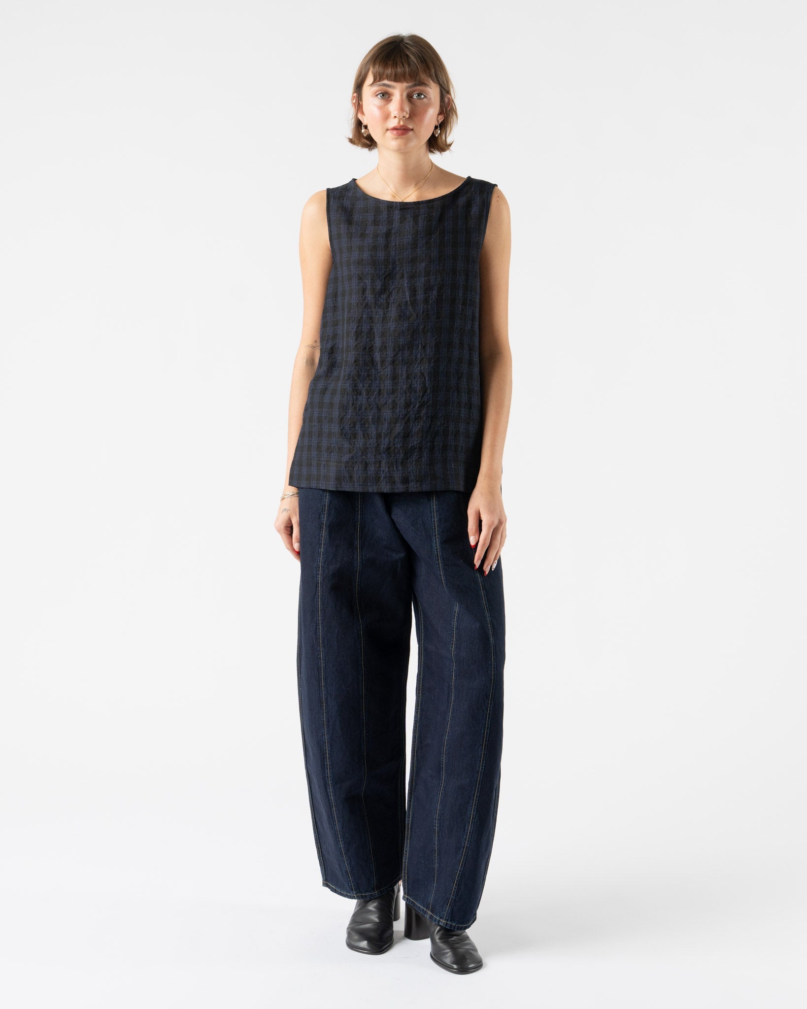 Toogood The Basketmaker Top in Linen Check Midnight